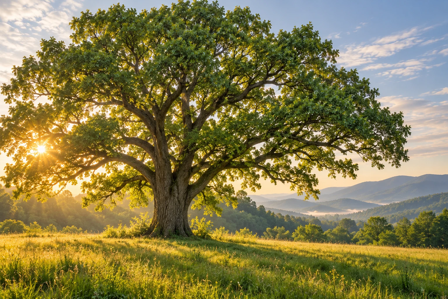 Sunlight through a broad oak tree overlooking green hills